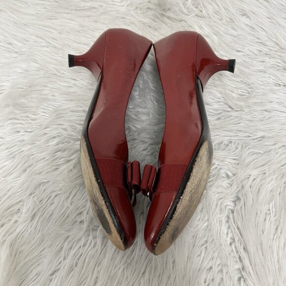 Vintage Salvatore Ferragamo 1980’s Red Vara Patent Bow Pump Kitten Heel Size 9AA - Picture 7 of 10